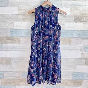 Tommy Hilfiger Floral Burnout Velvet Halter Mini Dress Blue Womens 8P 8 Petite